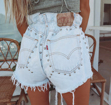 Load image into Gallery viewer, Upcycled Levi Paperbag Studded Denim Shorts